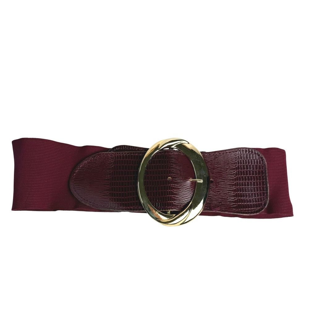 Vintage 80s Elastic Cinch Belt Gold Metal Buckle XS S Burgundy Red Wide Waist